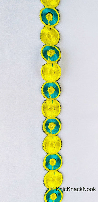 Yellow & Teal Embroidered Circles Cutwork Trim, Approx. 22mm Wide